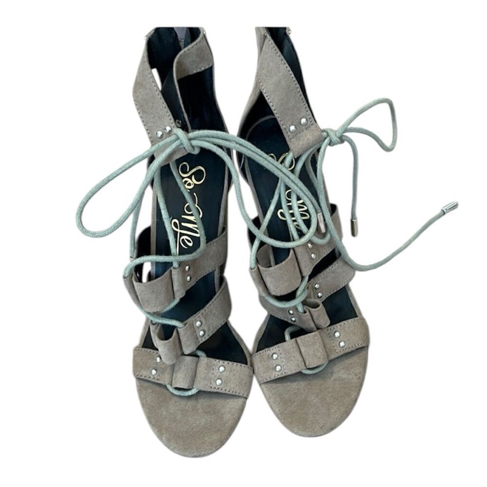 So Me Sydney sz9 4.5” block heel tan suede like sandals minimal signs of wear